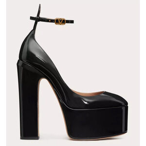 Valentino Rockstud Tan-go Black Patent Leather V Strap Platform Heel Pump 40